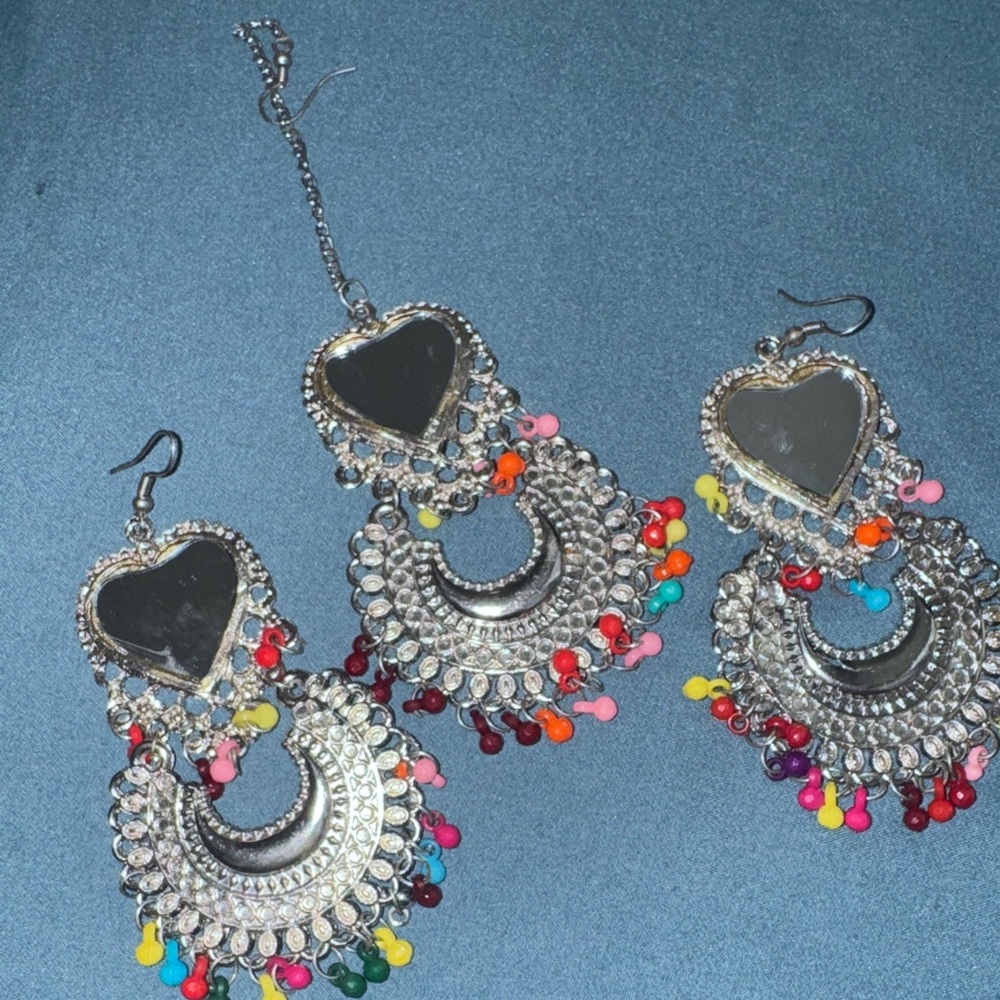 Silver Heart Dangle Earrings with Multicolor Accents Afghan Jewelry